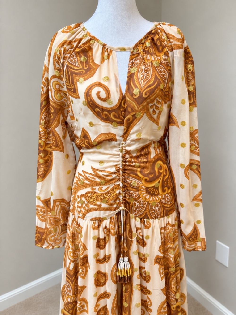NWT Farm Rio x Anthropologie Jacquard Metallic Gold Maxi Dress M - Picture 5 of 13